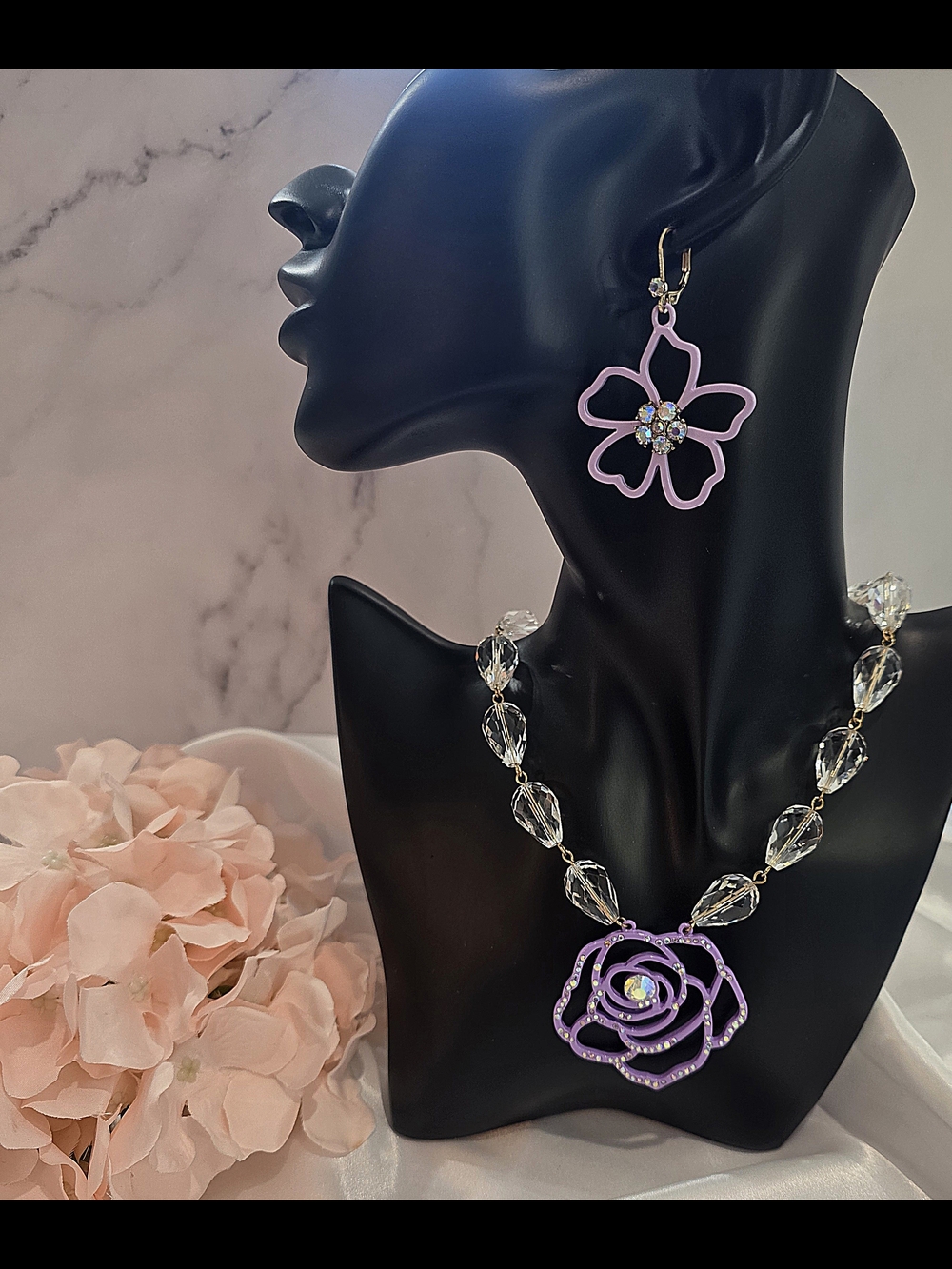 Betsey Johnson - Lavender Flower Pendant Necklace with Matching Earrings
